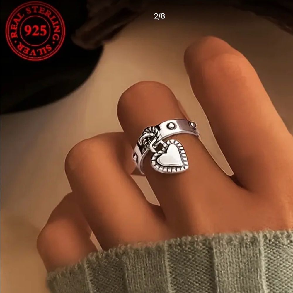 New, Sterling Silver Heart Charm Adjustable Ring